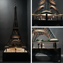 Collage of a detailed Eiffel Tower model on a black display pedestal, with lit base and tiny trees visible under glass panels.