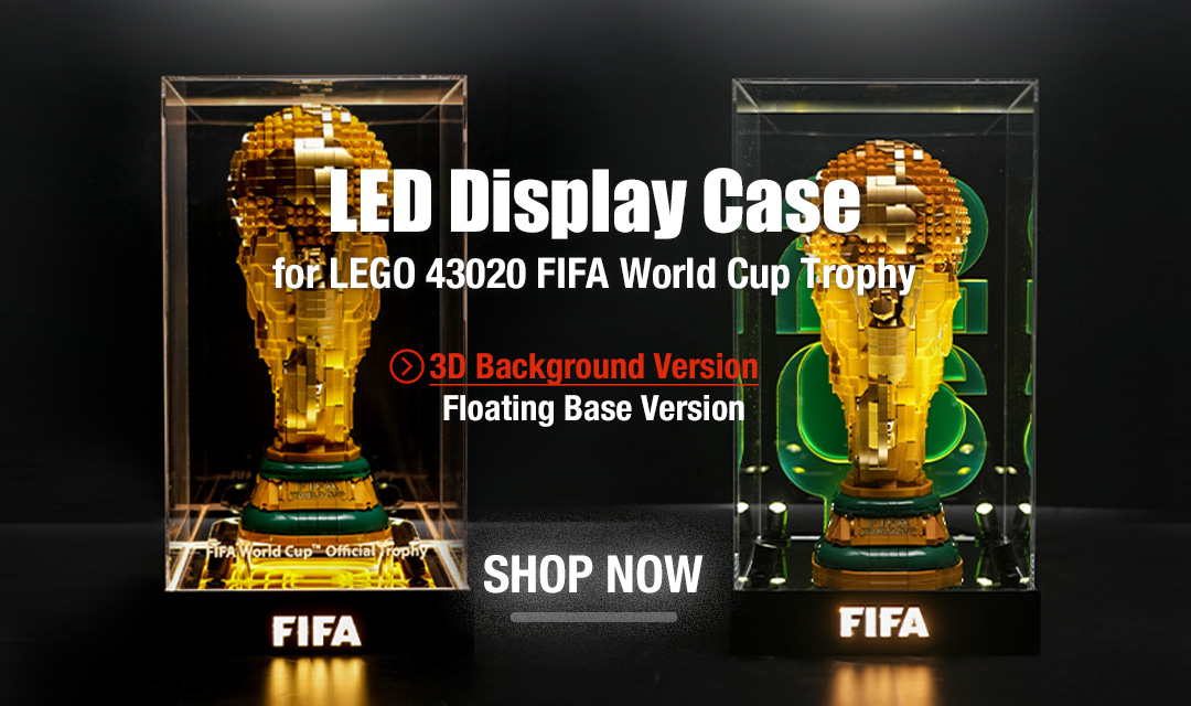 LED display case featuring FIFA World Cup Trophy with bold white text overlay and a 'Shop Now' CTA on a dark background
