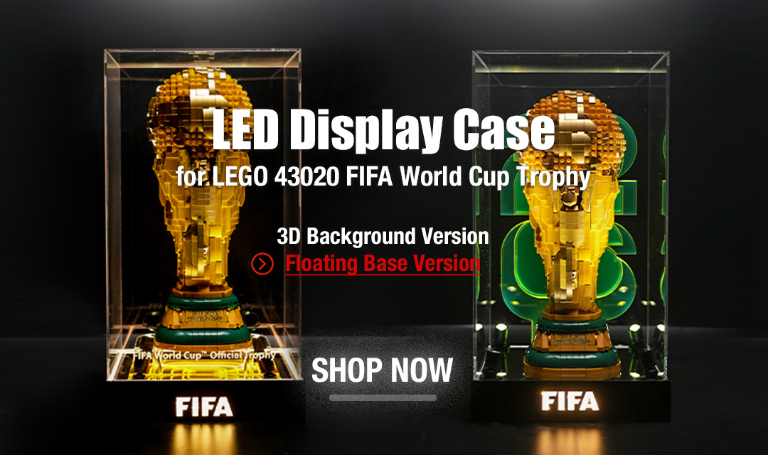 Two illuminated LED display cases housing LEGO FIFA World Cup Trophy replicas, with bold white overlay text advertising an LED display case and options like 3D background and floating base, plus a 'SHOP NOW' callout.