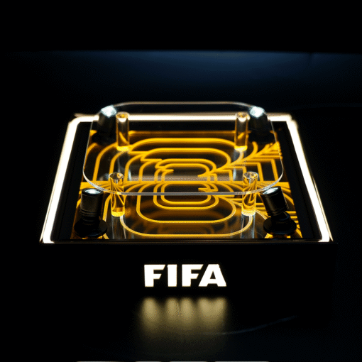 FIFA-branded display: a glass case with yellow neon looping patterns inside, set on a lit black pedestal with the word FIFA glowing below.