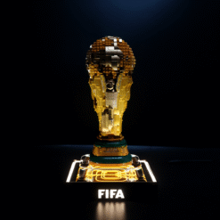 LEGO brick sculpture of the FIFA World Cup trophy on a glowing base with 'FIFA' illuminated.