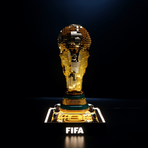 LEGO brick sculpture of the FIFA World Cup trophy on a glowing base with 'FIFA' illuminated.