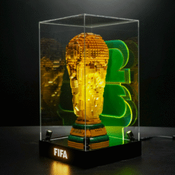 LEGO-style FIFA World Cup trophy in a glass display case with a black base labeled FIFA and green neon number 3 behind it.