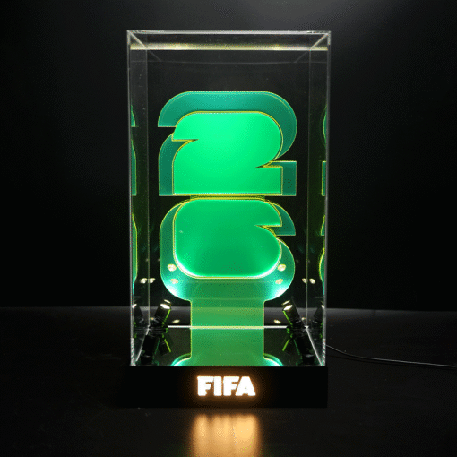 Neon green 3D numeral '23' inside a clear display case with a glowing FIFA base.