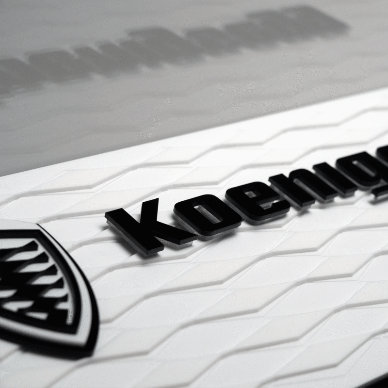 Close-up of the Koenigsegg badge on a white textured car hood.