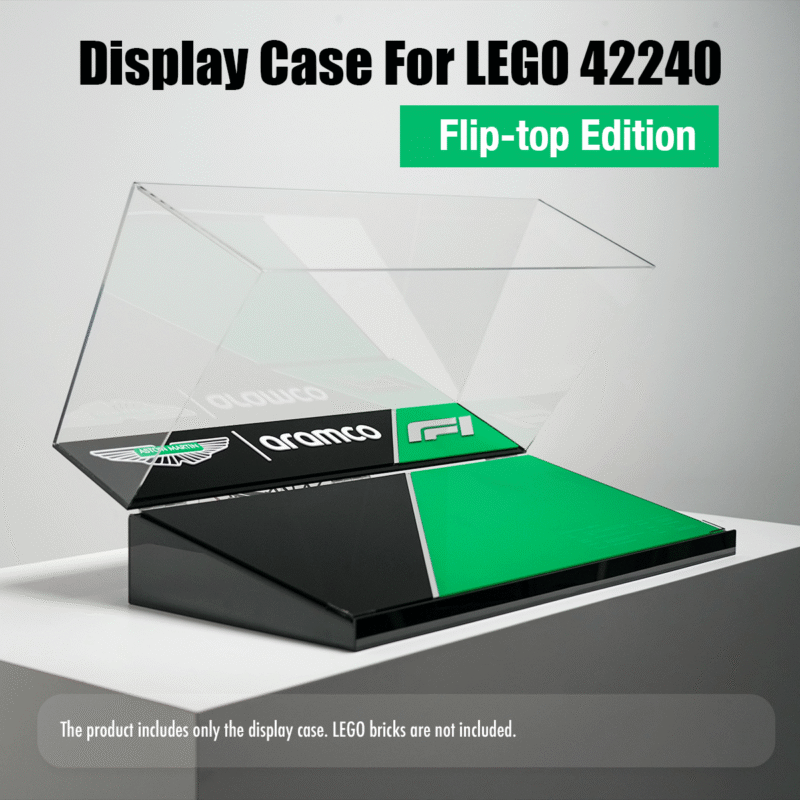 Display case for LEGO 42240 Flip-top Edition with branded panels and a translucent lid; note: bricks not included.