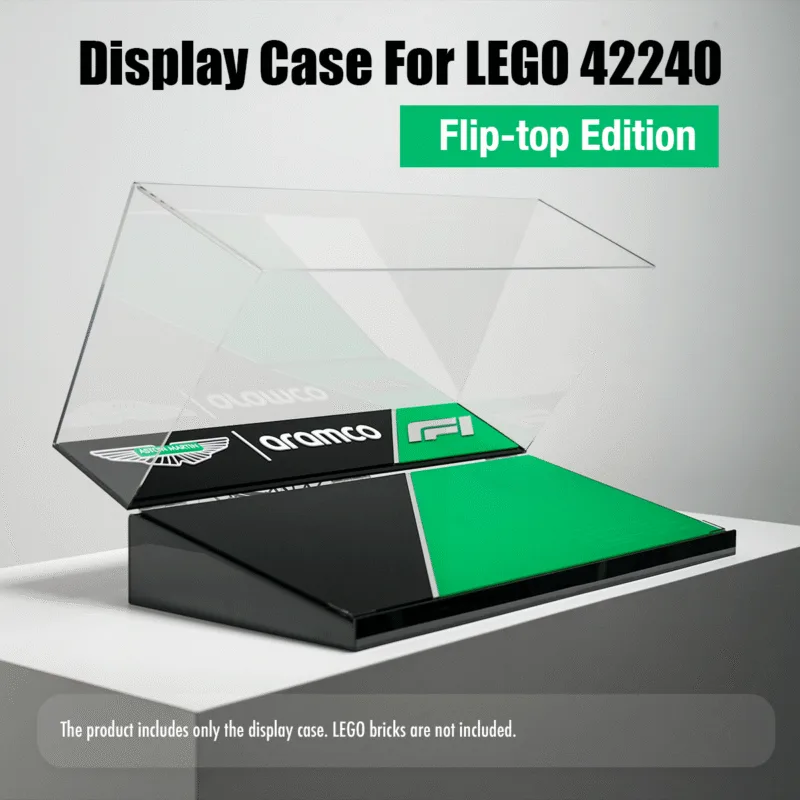 Display case for LEGO 42240 Flip-top Edition with branded panels and a translucent lid; note: bricks not included.