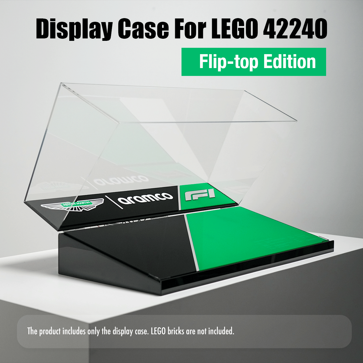 Display case for LEGO 42240 Flip-top Edition with branded panels and a translucent lid; note: bricks not included.