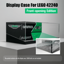 Display case for LEGO 42240 Front-opening Edition, a transparent acrylic box with black-green design elements; bricks not included.