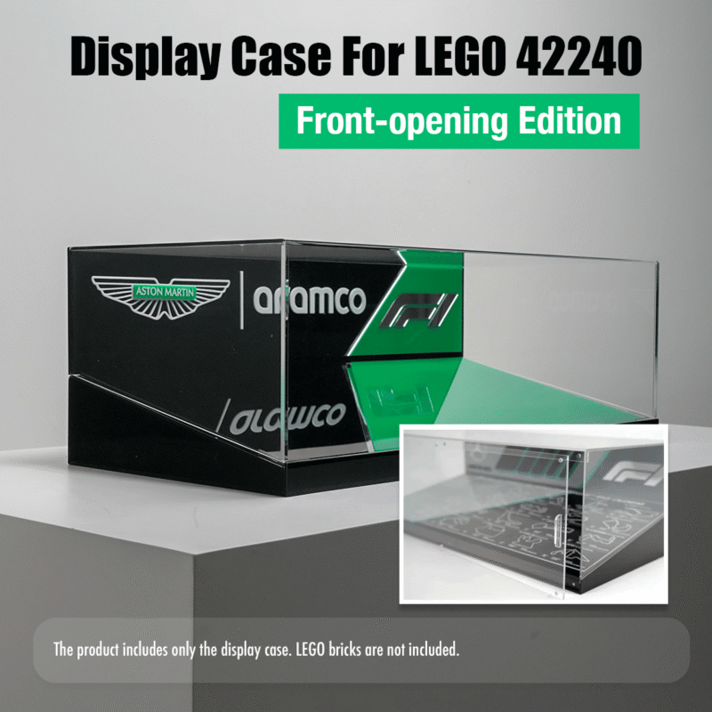 Display case for LEGO 42240 Front-opening Edition, a transparent acrylic box with black-green design elements; bricks not included.