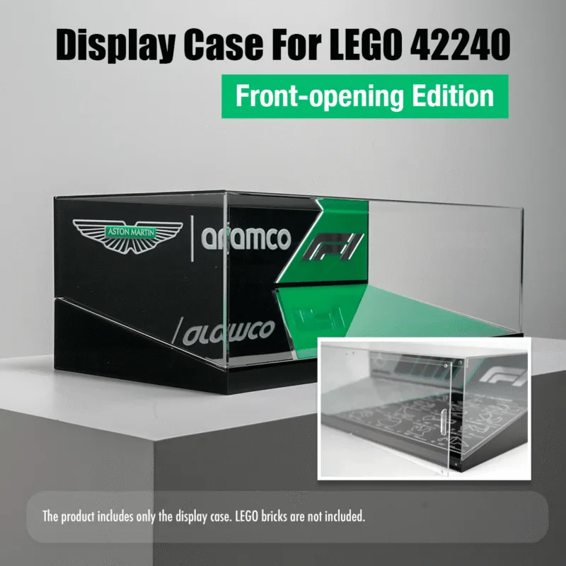 Display case for LEGO 42240 Front-opening Edition, a transparent acrylic box with black-green design elements; bricks not included.