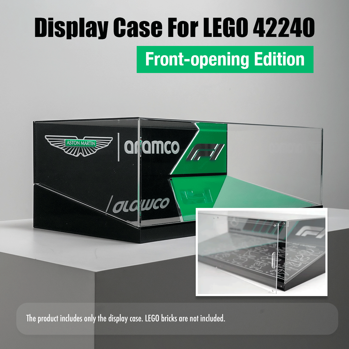 Display case for LEGO 42240 Front-opening Edition, a transparent acrylic box with black-green design elements; bricks not included.