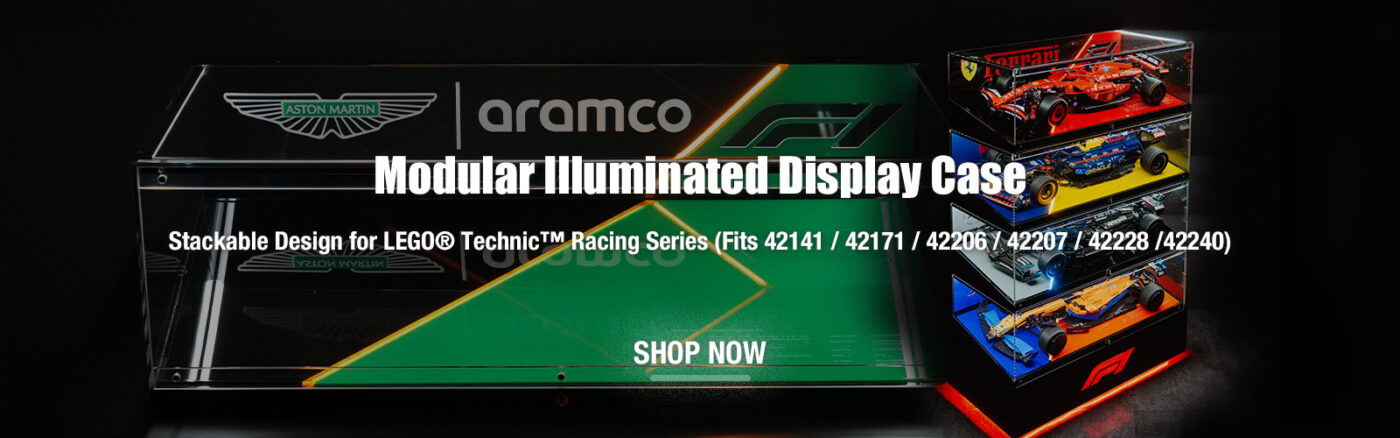 Promotional banner showing a modular illuminated display case for LEGO Technic Racing Series with stacked transparent shelves and a bold 'Shop Now' call to action.