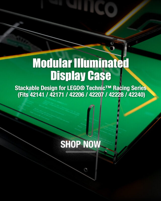 Close-up of a modular, illuminated display case for LEGO Technic racing sets, with a bold 'Shop Now' overlay text.