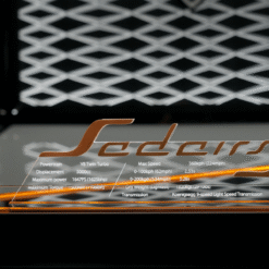 Transparent acrylic car badge reading 'Seders' with specs: V8 twin‑turbo, 5000cc, ~1647PS, max speed ~360 kph (224 mph).