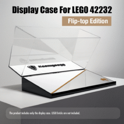 Ad for a clear, flip-top display case for LEGO 42232; shows the transparent lid over a pedestal, with bricks not included note at bottom.