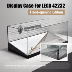 Display case for LEGO 42232 front-opening edition: clear glass case on black base with Koenigsegg logo, bricks not included.