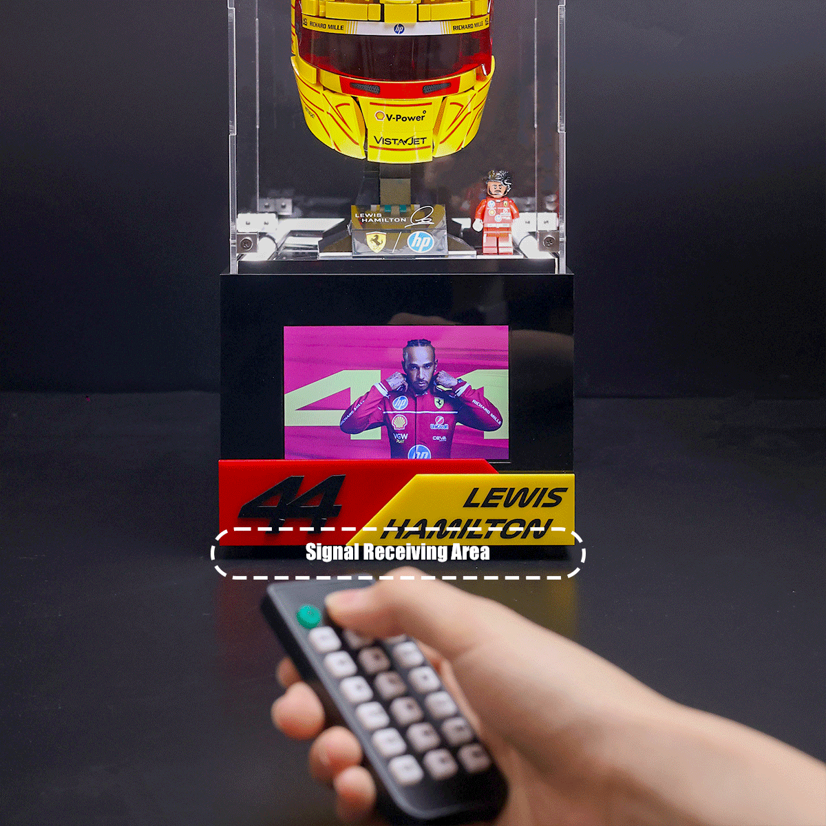 Hand holding a TV remote aimed at a multi‑level display case showing a yellow racing helmet and a screen, with a dashed area labeled 'Signal Receiving Area' at the bottom.